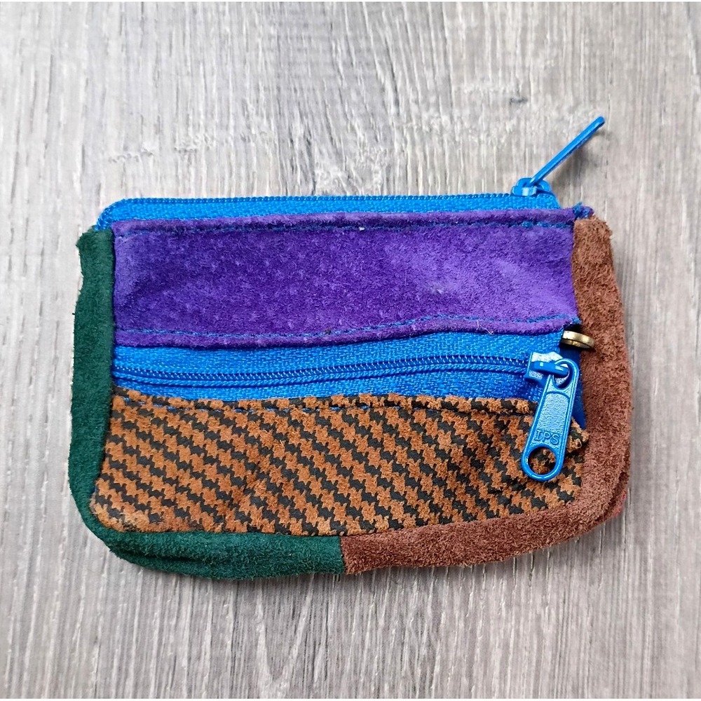 Multicolor Patchwork Wallet Pouch Key Rack Holder Leather Zip Snap 4x3 Suede